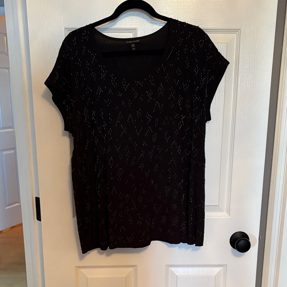 Eileen Fisher Black Short Sleeve Silk Beaded Blouse
